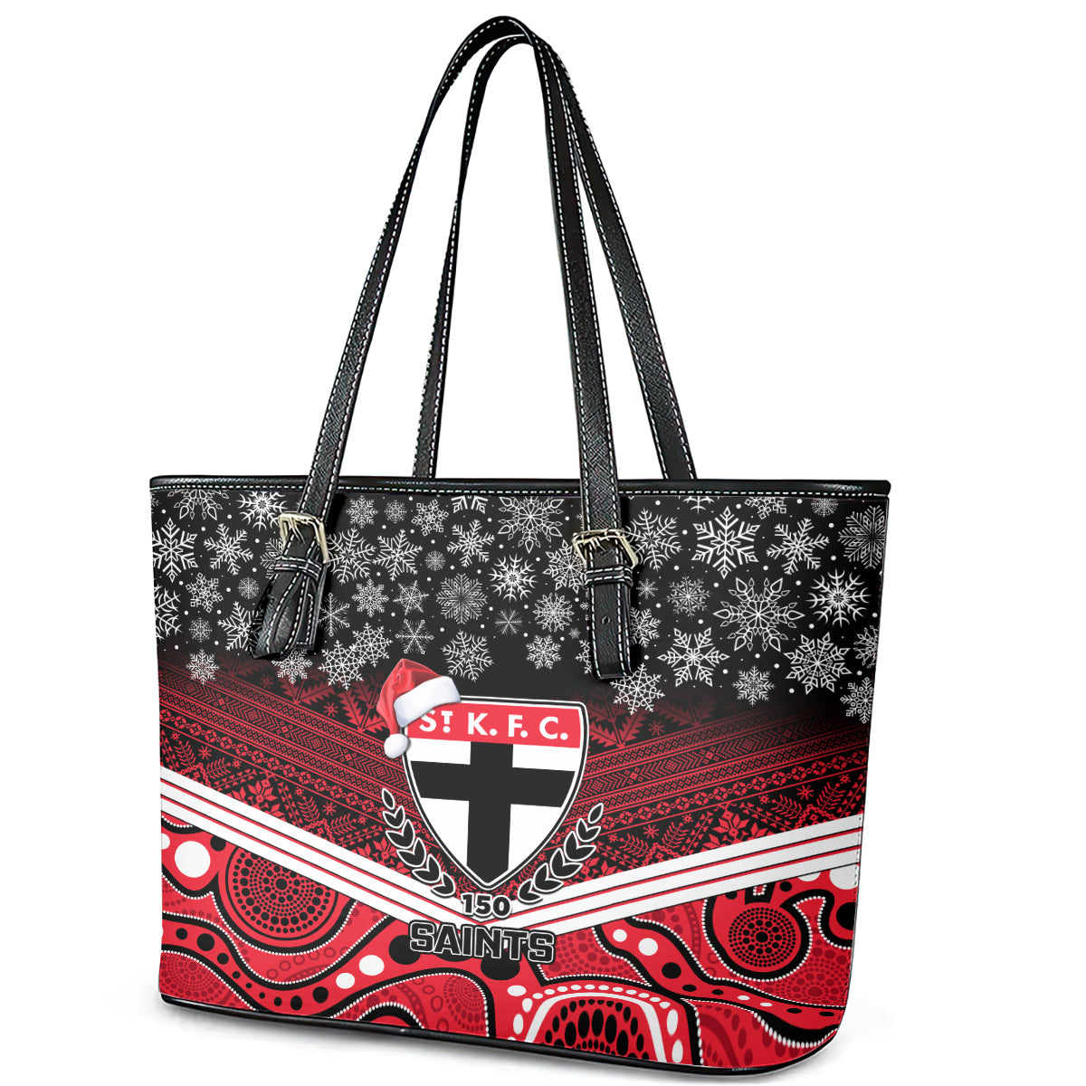 custom-st-kilda-football-christmas-leather-tote-bag-merry-xmas-2023-mix-aboriginal-art