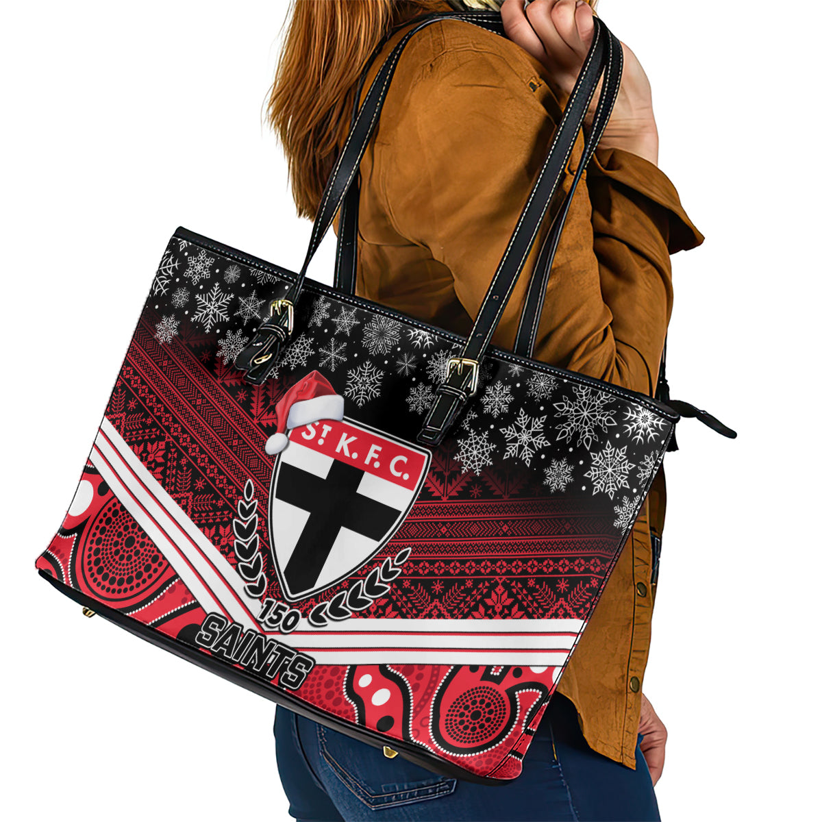 custom-st-kilda-football-christmas-leather-tote-bag-merry-xmas-2023-mix-aboriginal-art