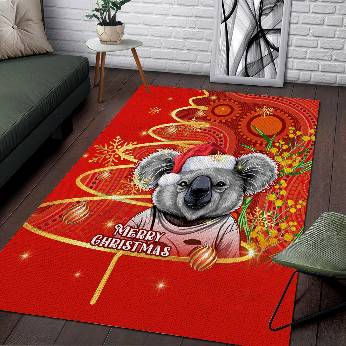 personalised-australia-koala-christmas-area-rug-aboriginal-art-with-golden-wattle