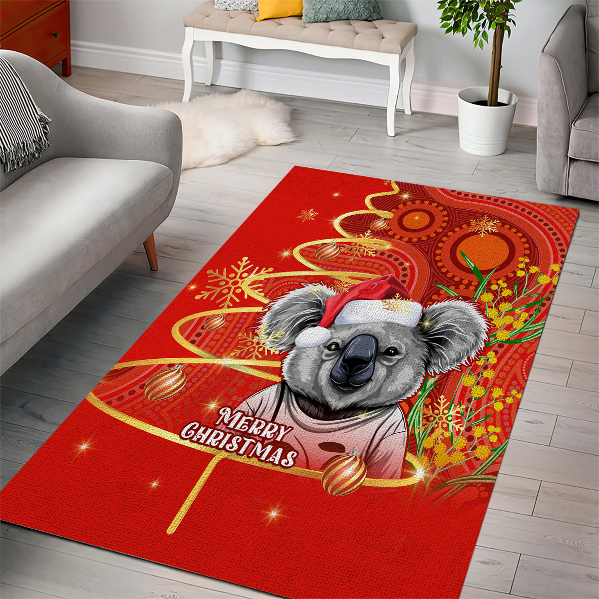 personalised-australia-koala-christmas-area-rug-aboriginal-art-with-golden-wattle