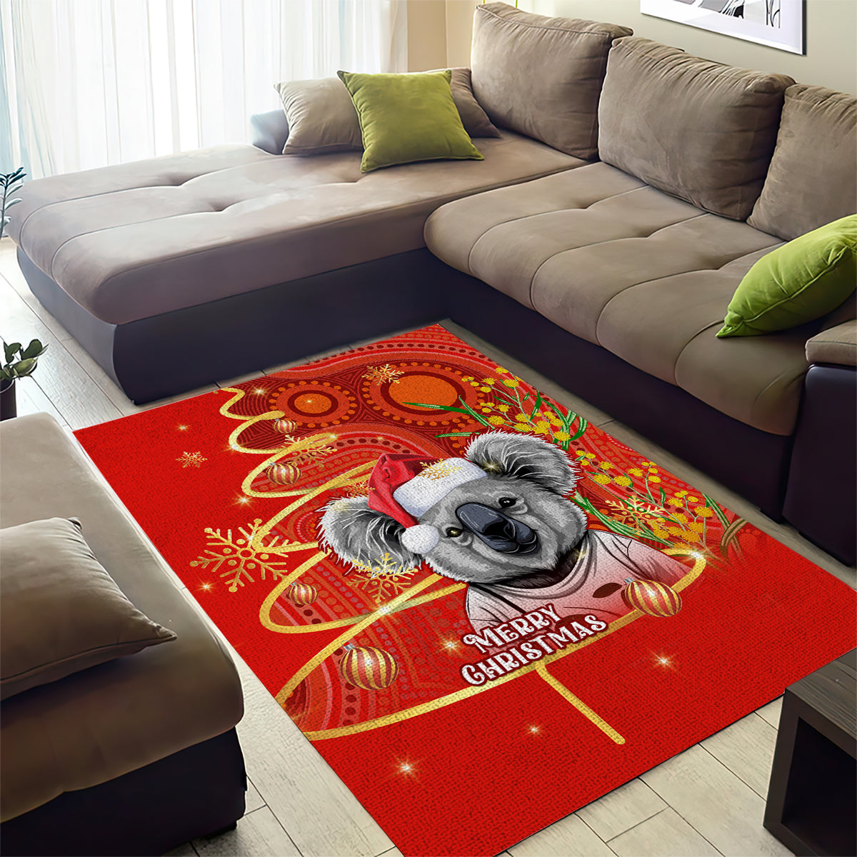 personalised-australia-koala-christmas-area-rug-aboriginal-art-with-golden-wattle