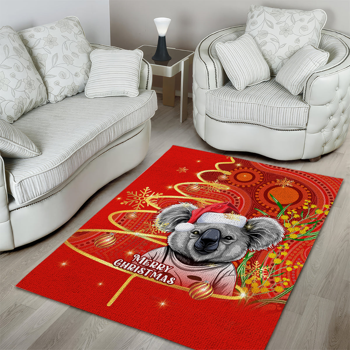 personalised-australia-koala-christmas-area-rug-aboriginal-art-with-golden-wattle