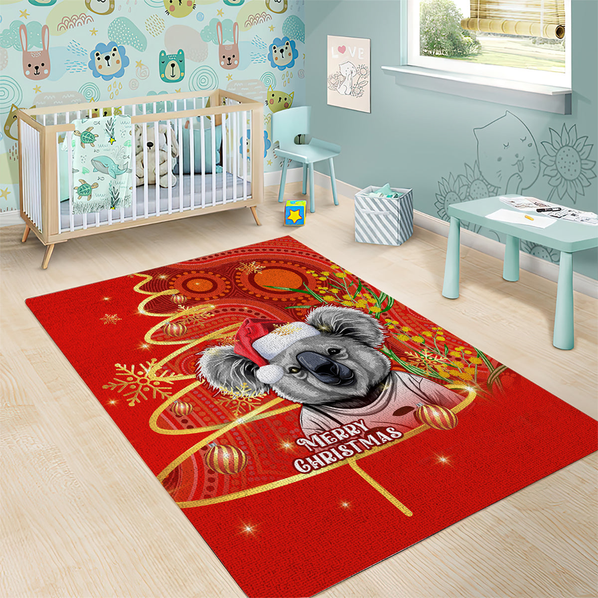 personalised-australia-koala-christmas-area-rug-aboriginal-art-with-golden-wattle