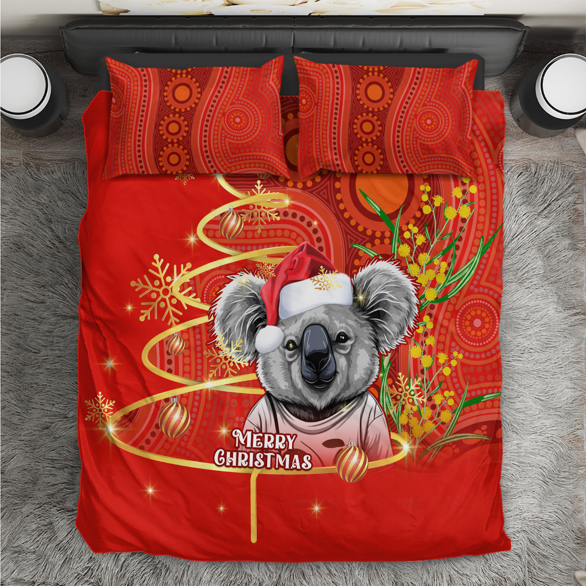 personalised-australia-koala-christmas-bedding-set-aboriginal-art-with-golden-wattle