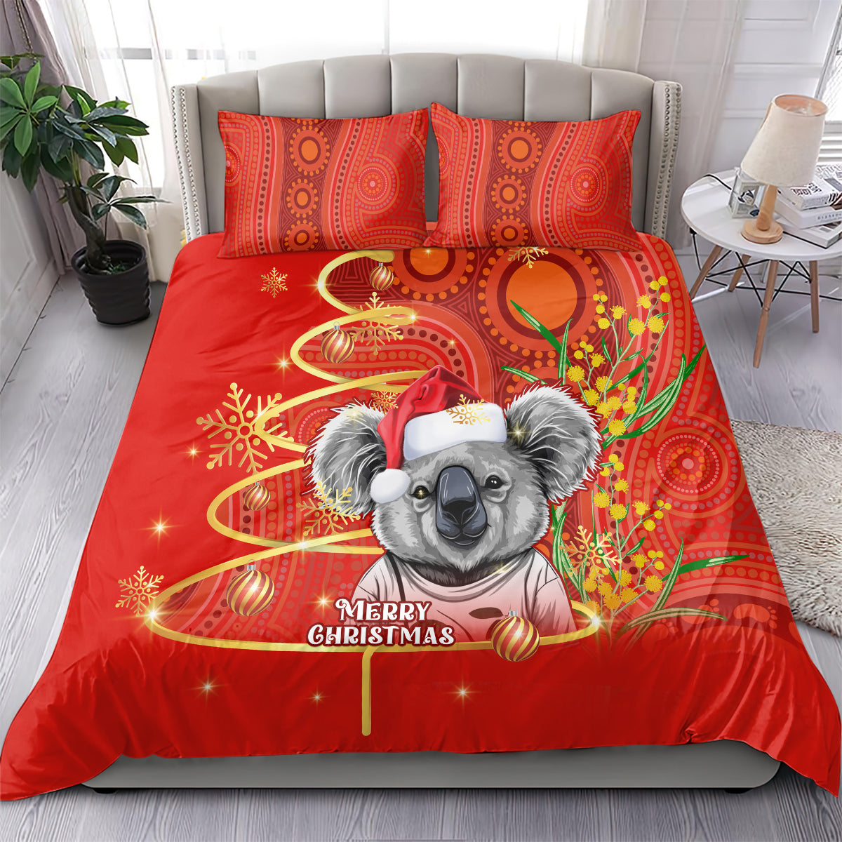 personalised-australia-koala-christmas-bedding-set-aboriginal-art-with-golden-wattle