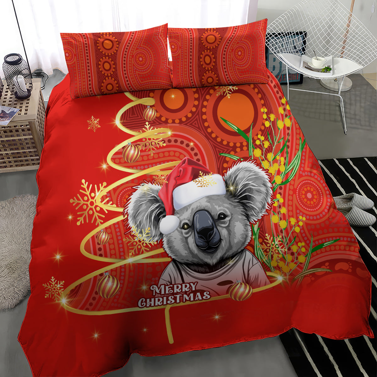 personalised-australia-koala-christmas-bedding-set-aboriginal-art-with-golden-wattle