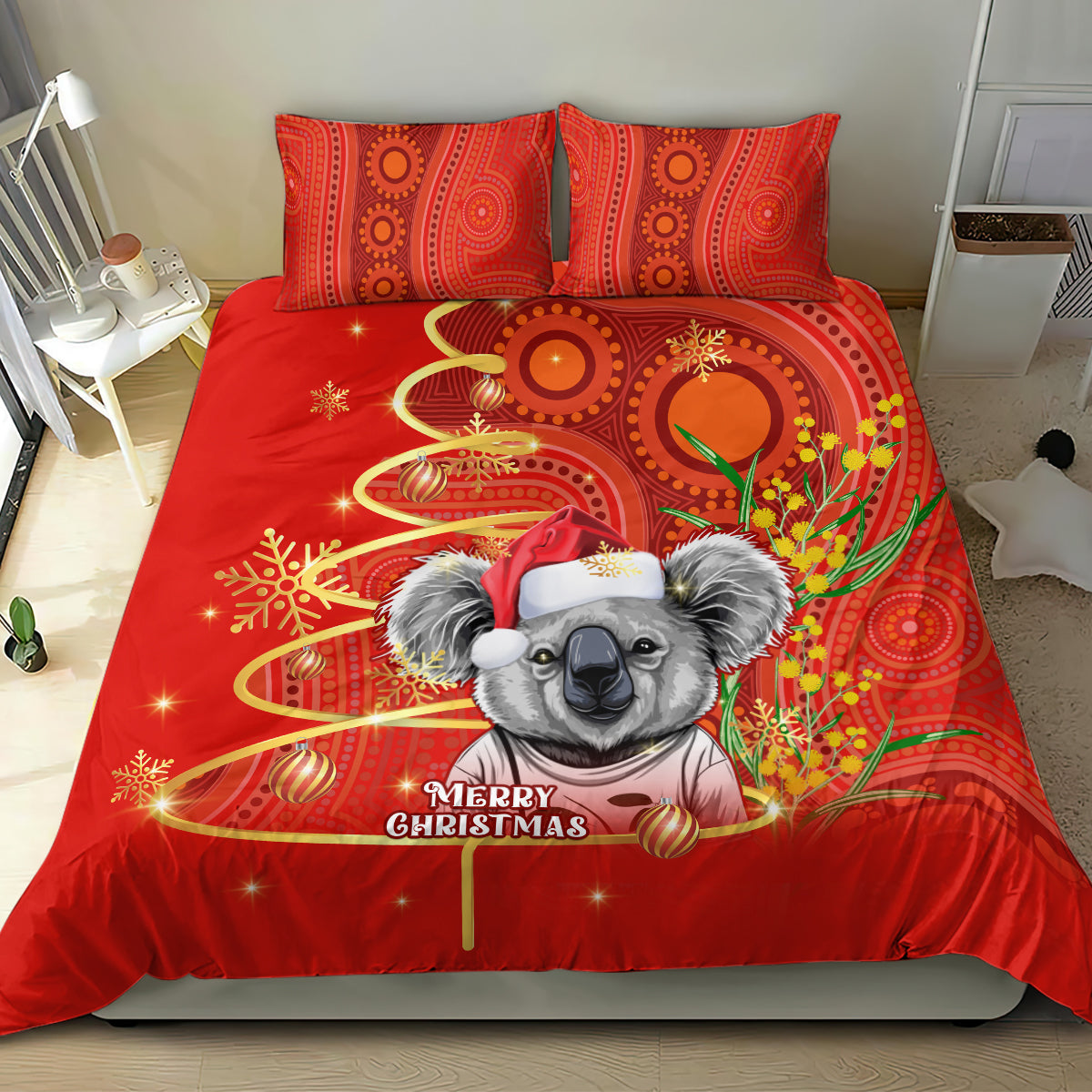 personalised-australia-koala-christmas-bedding-set-aboriginal-art-with-golden-wattle