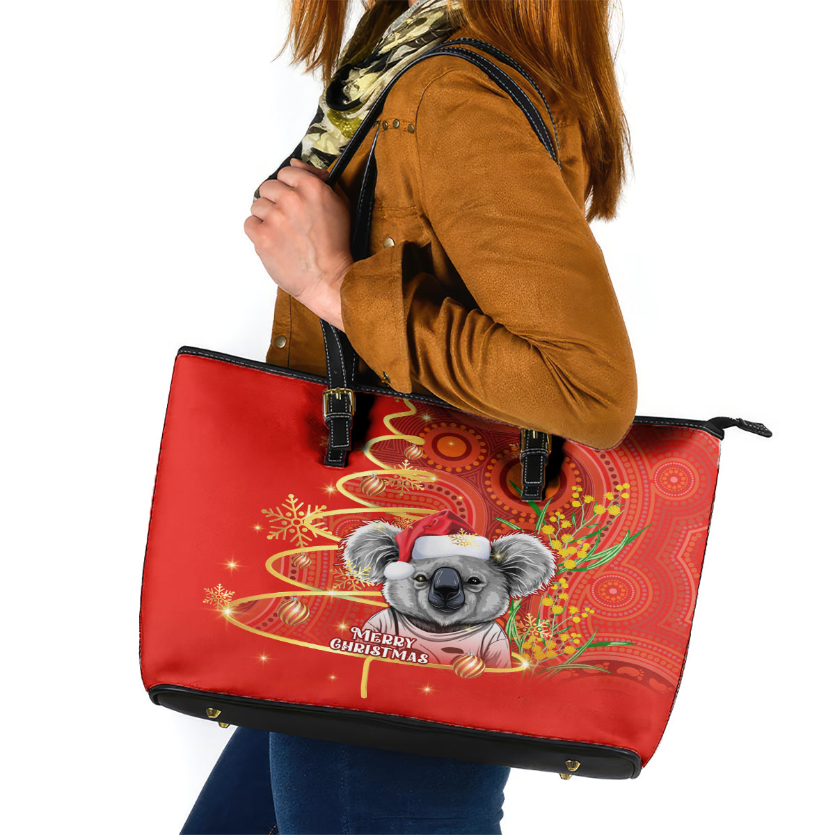 personalised-australia-koala-christmas-leather-tote-bag-aboriginal-art-with-golden-wattle