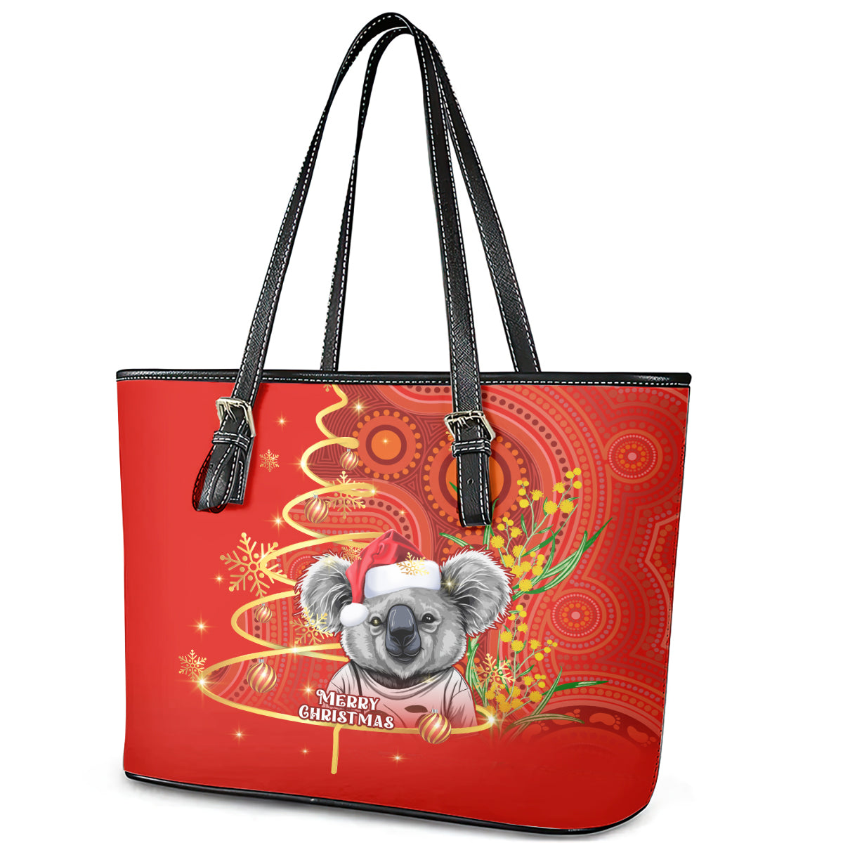 personalised-australia-koala-christmas-leather-tote-bag-aboriginal-art-with-golden-wattle