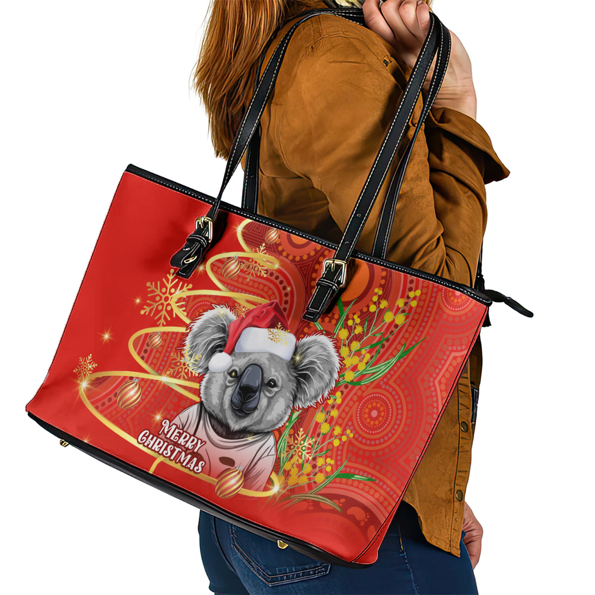 personalised-australia-koala-christmas-leather-tote-bag-aboriginal-art-with-golden-wattle