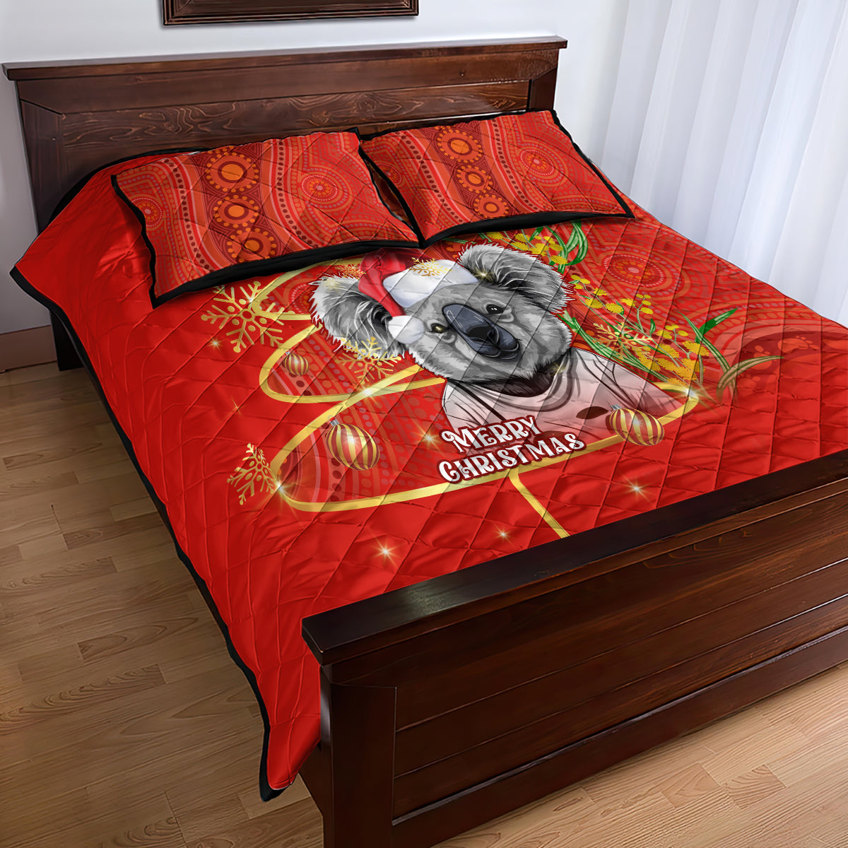 personalised-australia-koala-christmas-quilt-bed-set-aboriginal-art-with-golden-wattle