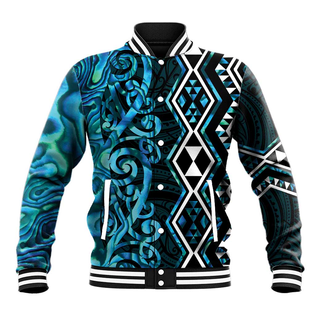 Turquoise Aotearoa Baseball Jacket Taniko Motifs With Paua Shell Kowhaiwhai