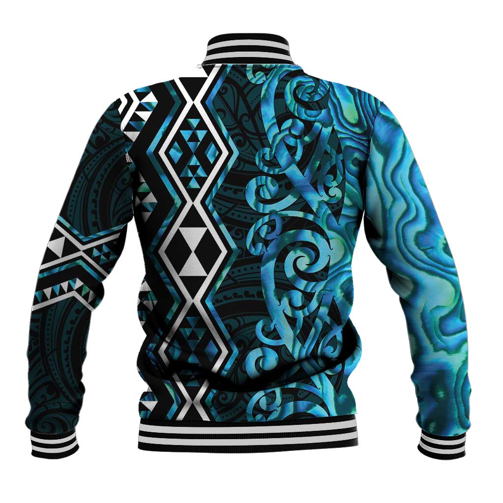 Turquoise Aotearoa Baseball Jacket Taniko Motifs With Paua Shell Kowhaiwhai