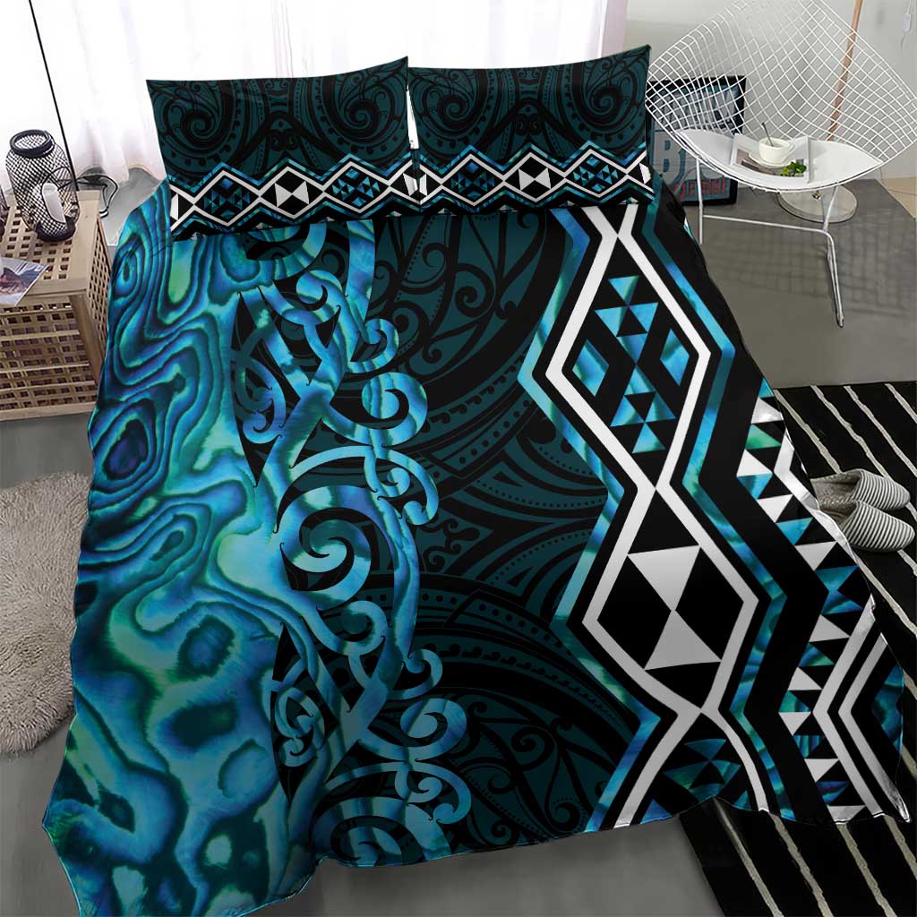 Turquoise Aotearoa Bedding Set Taniko Motifs With Paua Shell Kowhaiwhai