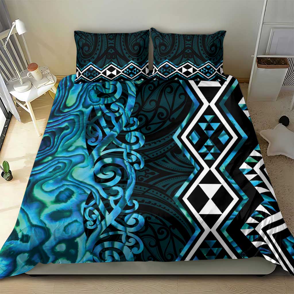 Turquoise Aotearoa Bedding Set Taniko Motifs With Paua Shell Kowhaiwhai