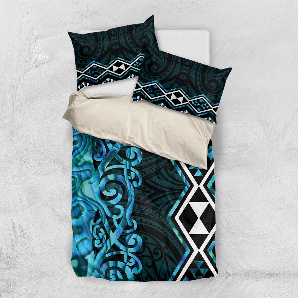 Turquoise Aotearoa Bedding Set Taniko Motifs With Paua Shell Kowhaiwhai