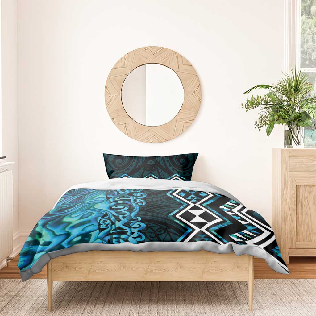 Turquoise Aotearoa Bedding Set Taniko Motifs With Paua Shell Kowhaiwhai