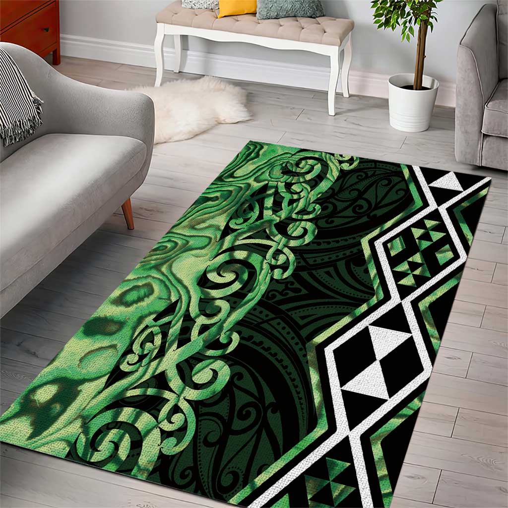 Green Aotearoa Area Rug Taniko Motifs With Paua Shell Kowhaiwhai