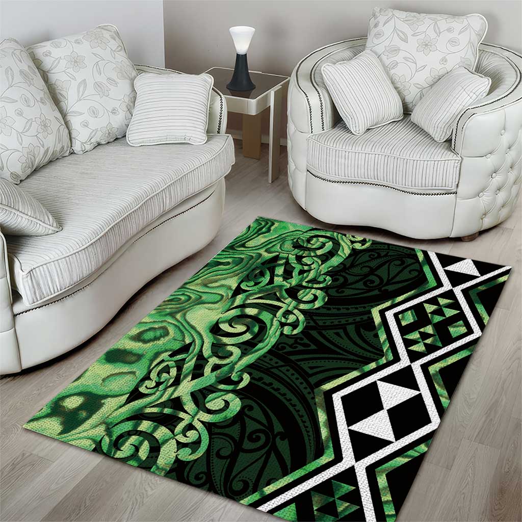 Green Aotearoa Area Rug Taniko Motifs With Paua Shell Kowhaiwhai