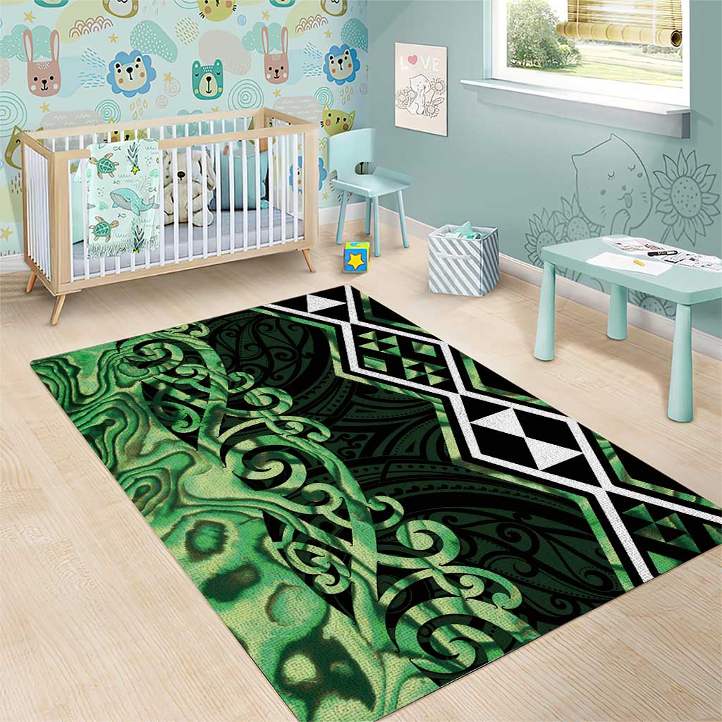 Green Aotearoa Area Rug Taniko Motifs With Paua Shell Kowhaiwhai