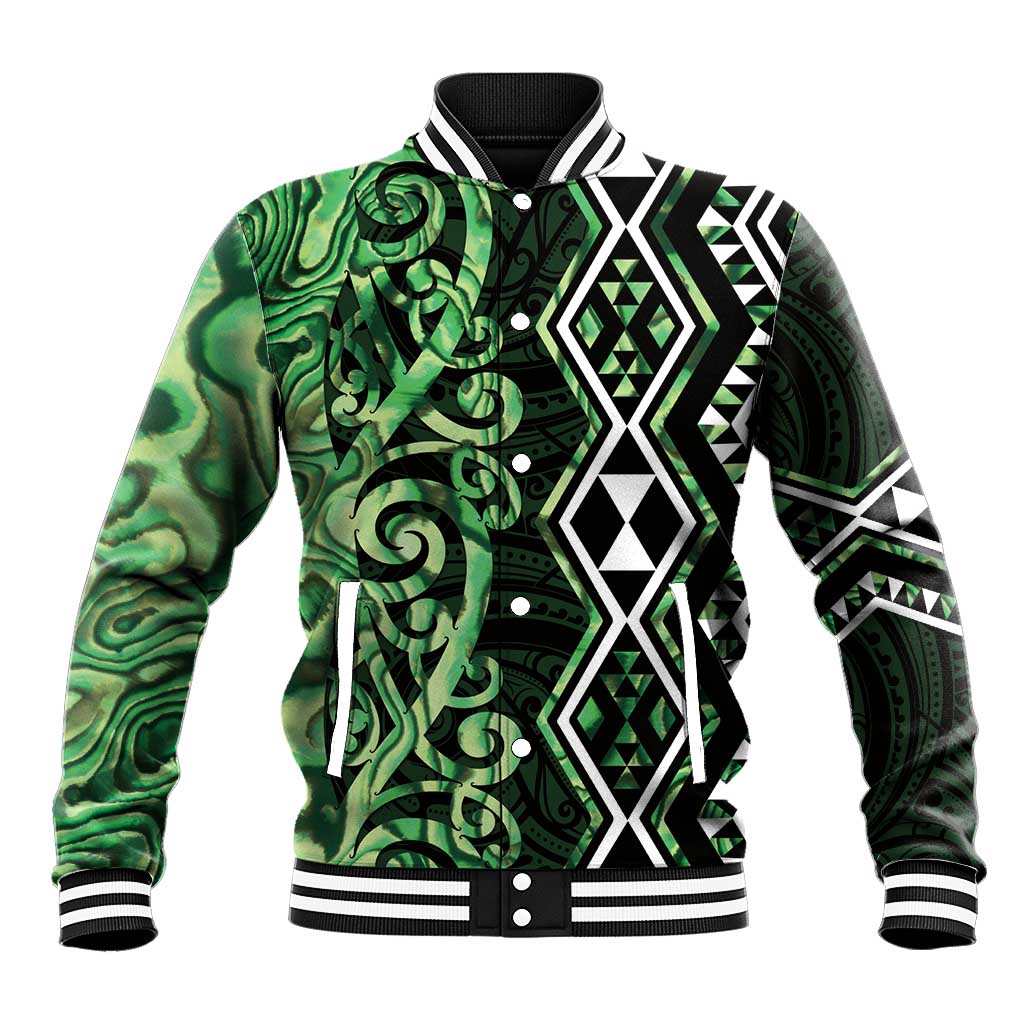 Green Aotearoa Baseball Jacket Taniko Motifs With Paua Shell Kowhaiwhai