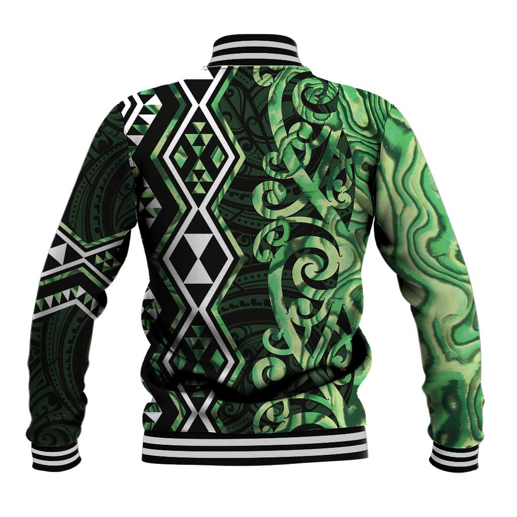 Green Aotearoa Baseball Jacket Taniko Motifs With Paua Shell Kowhaiwhai