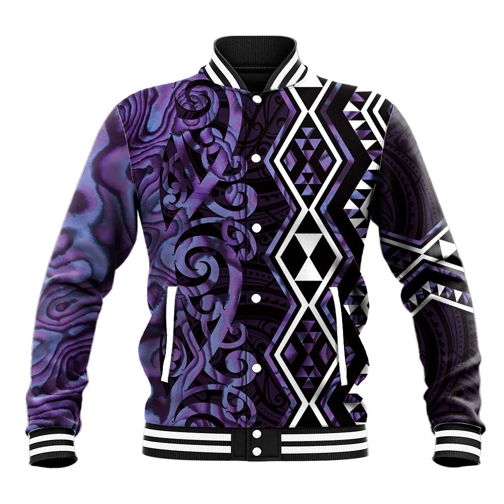 Purple Aotearoa Baseball Jacket Taniko Motifs With Paua Shell Kowhaiwhai