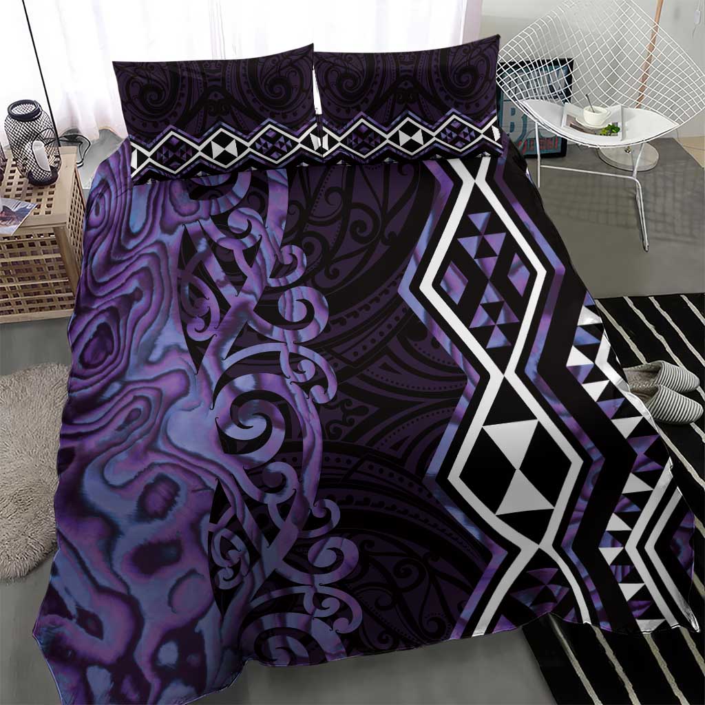 Purple Aotearoa Bedding Set Taniko Motifs With Paua Shell Kowhaiwhai