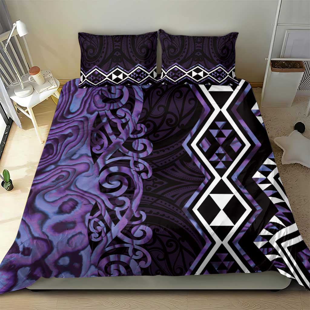 Purple Aotearoa Bedding Set Taniko Motifs With Paua Shell Kowhaiwhai