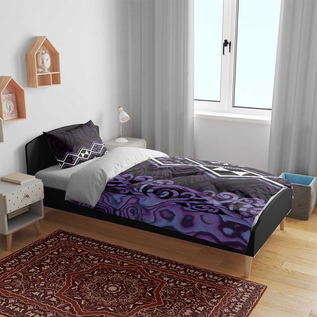 Purple Aotearoa Bedding Set Taniko Motifs With Paua Shell Kowhaiwhai