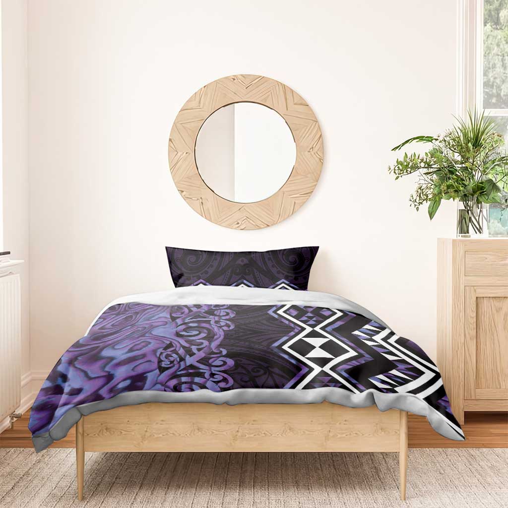 Purple Aotearoa Bedding Set Taniko Motifs With Paua Shell Kowhaiwhai