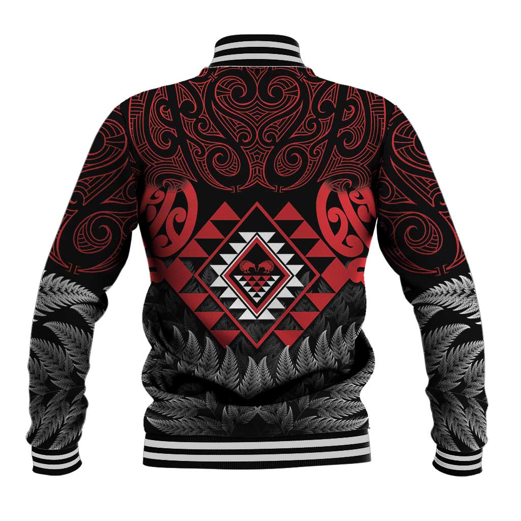 Aotearoa Kiwi Taniko Baseball Jacket Silver Fern With Maori Koru Pattern