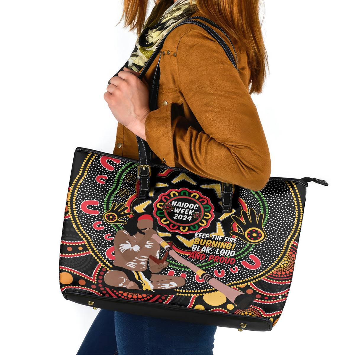 Australia Didgeridoo NAIDOC Week 2024 Leather Tote Bag Keep The Fire Burning Blak Loud and Proud