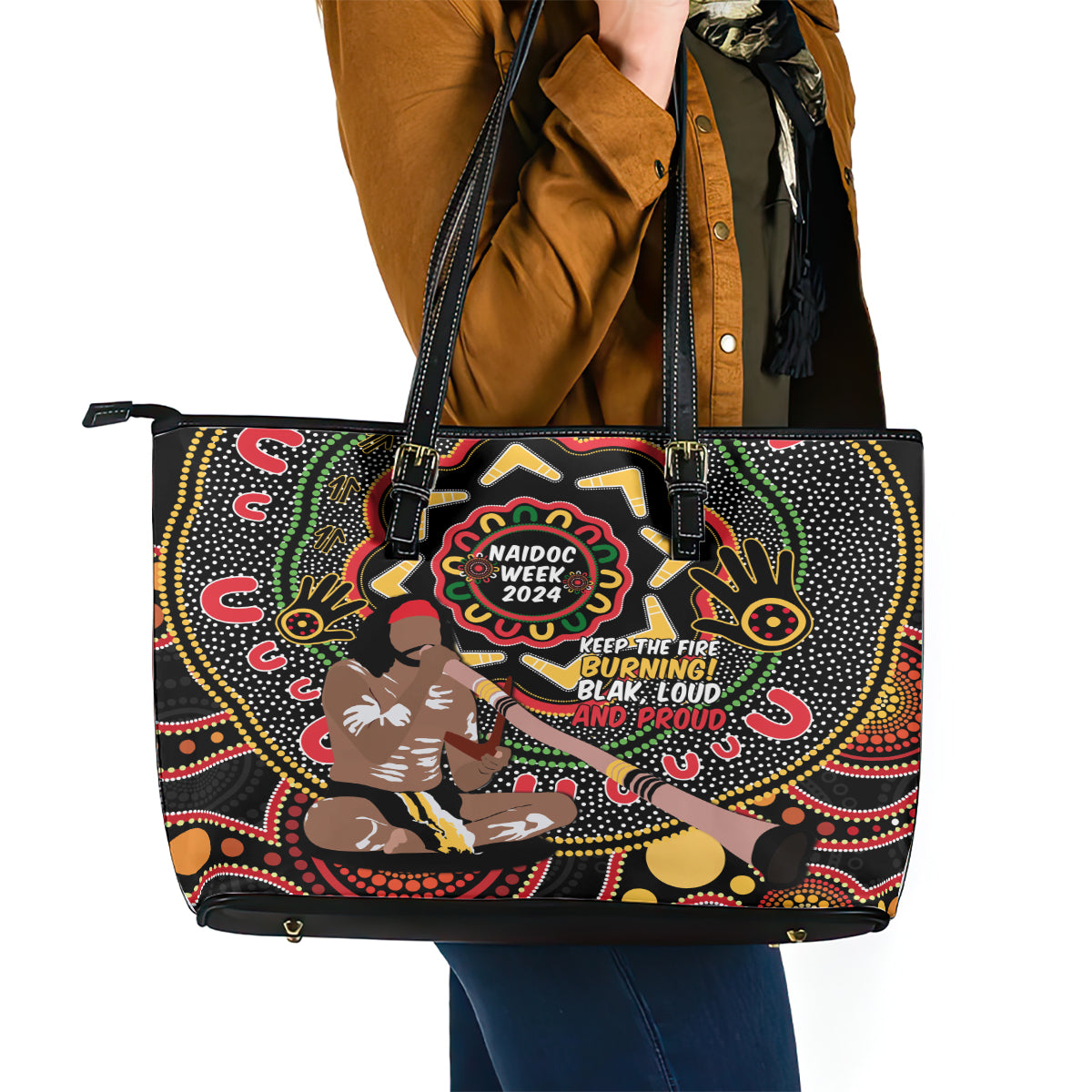 Australia Didgeridoo NAIDOC Week 2024 Leather Tote Bag Keep The Fire Burning Blak Loud and Proud