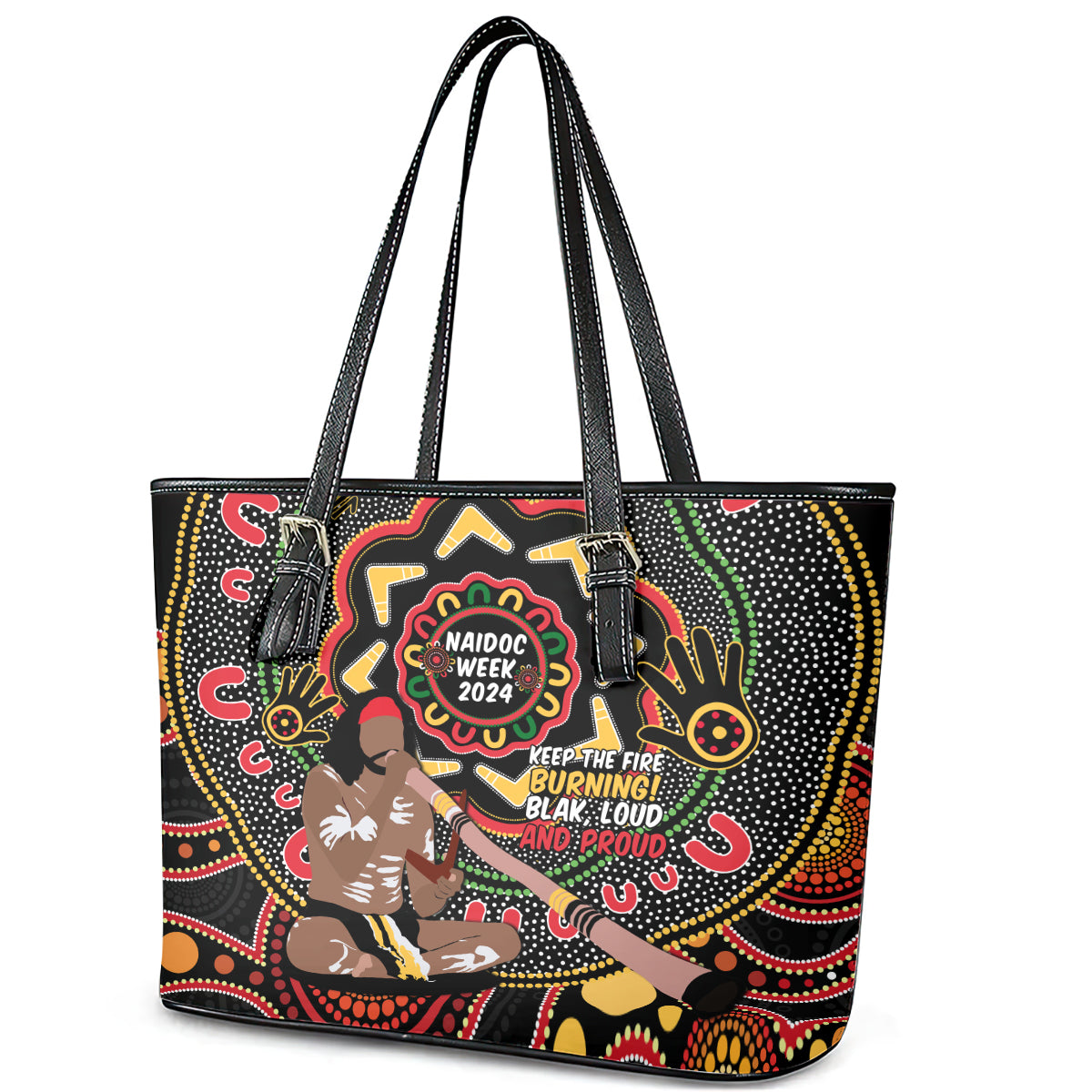 Australia Didgeridoo NAIDOC Week 2024 Leather Tote Bag Keep The Fire Burning Blak Loud and Proud