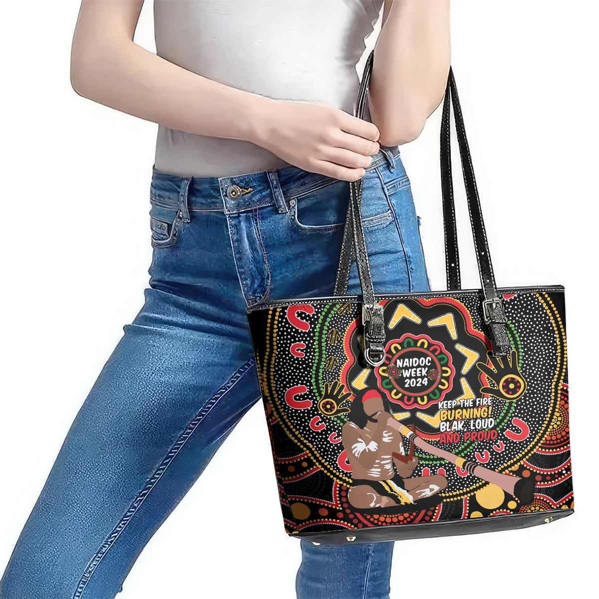 Australia Didgeridoo NAIDOC Week 2024 Leather Tote Bag Keep The Fire Burning Blak Loud and Proud