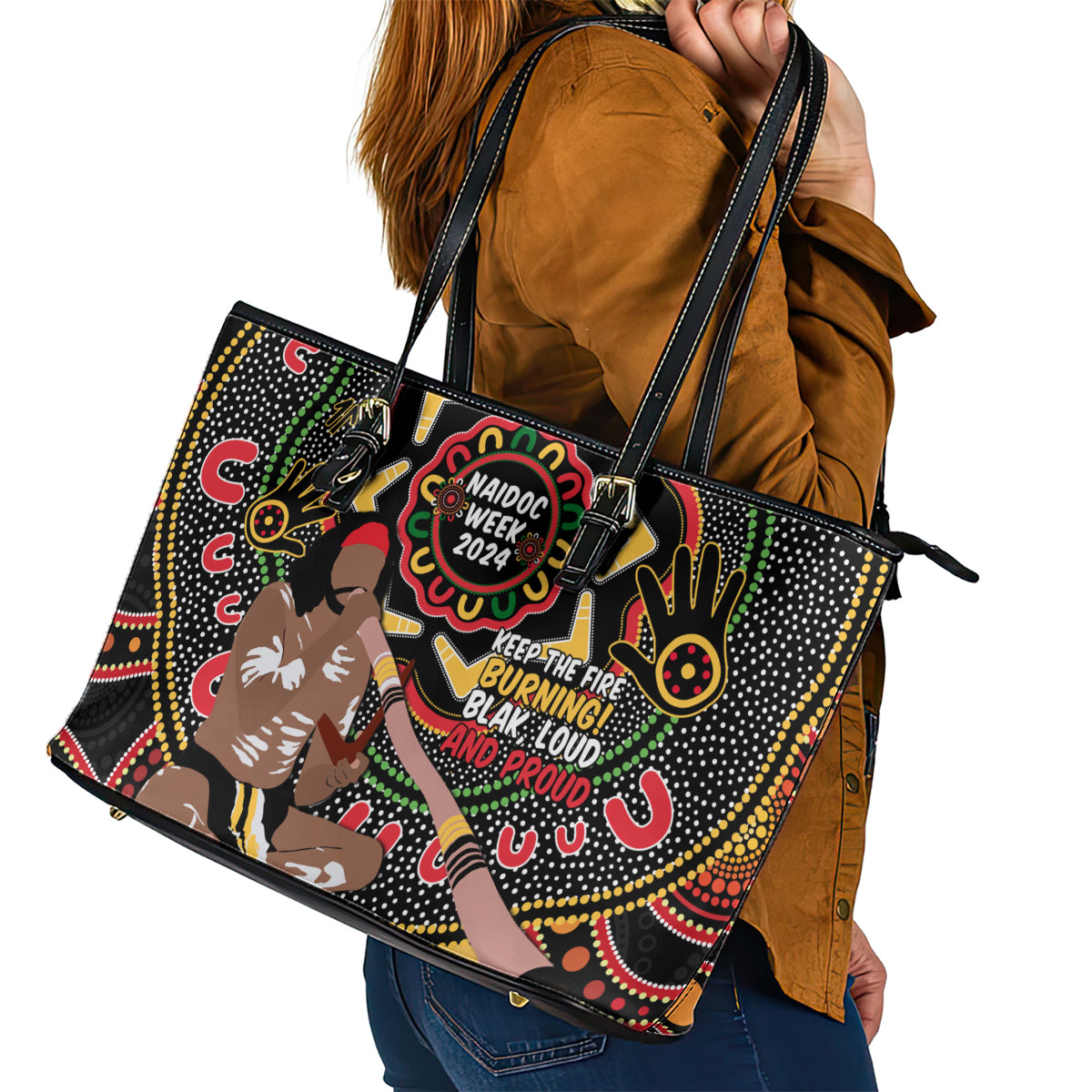 Australia Didgeridoo NAIDOC Week 2024 Leather Tote Bag Keep The Fire Burning Blak Loud and Proud