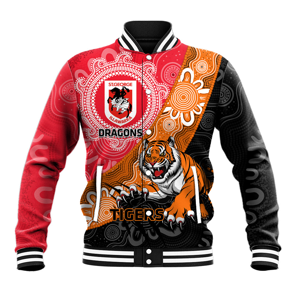 Personalised Dragons And Tigers Rugby Baseball Jacket Aboriginal Art