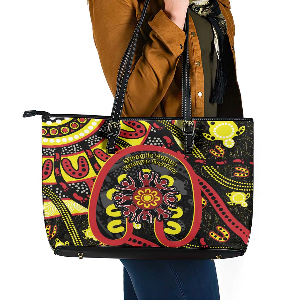 Australia Indigenous Children's Day Leather Tote Bag Strong In Culture Stronger Together Aboriginal Art