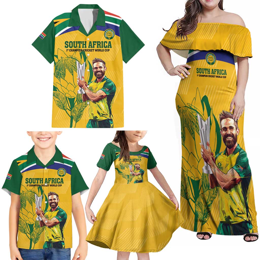 South Africa Cricket Family Matching Off Shoulder Maxi Dress and Hawaiian Shirt 1st Champions World Cup Proud Of Our Boys