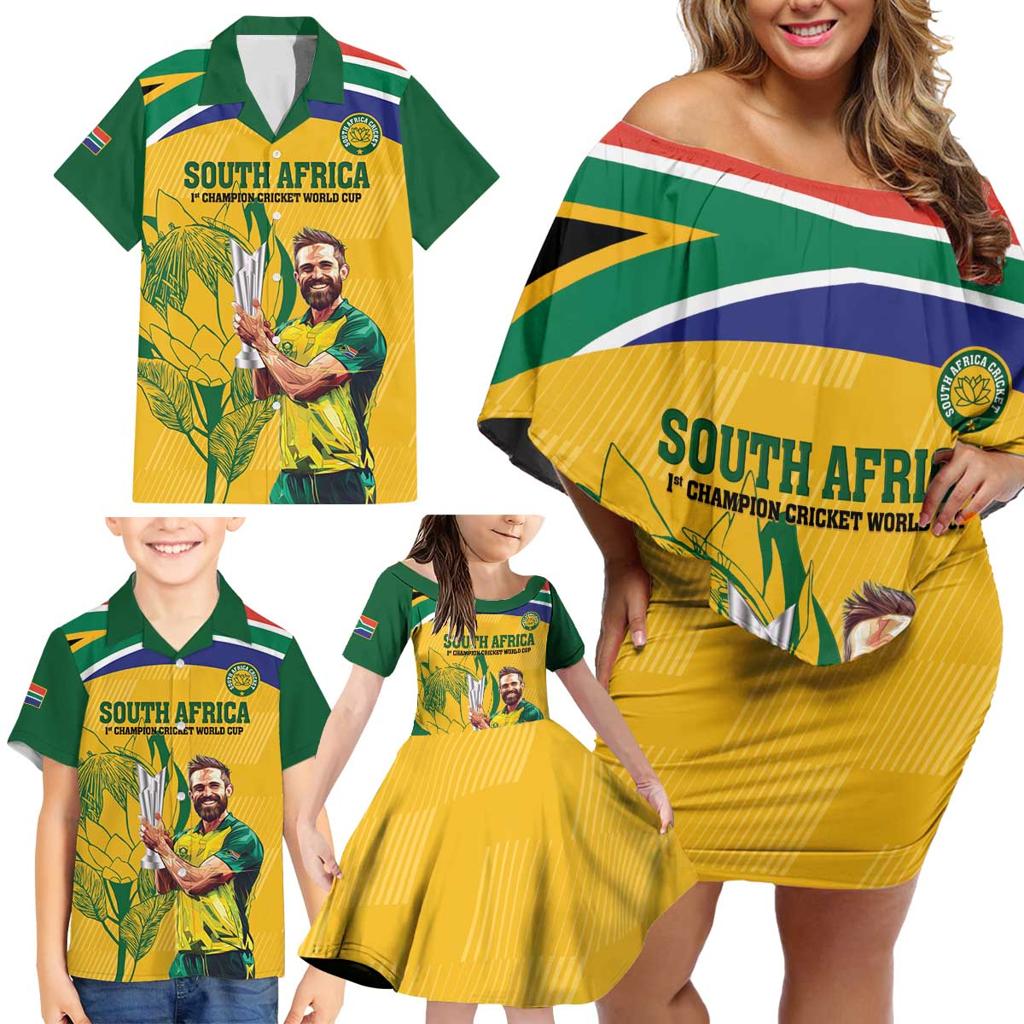 South Africa Cricket Family Matching Off Shoulder Short Dress and Hawaiian Shirt 1st Champions World Cup Proud Of Our Boys