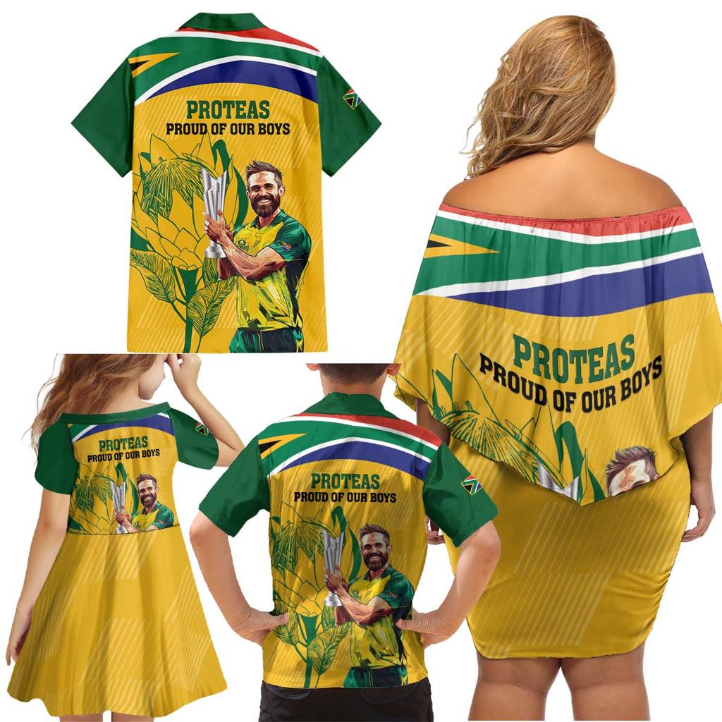 South Africa Cricket Family Matching Off Shoulder Short Dress and Hawaiian Shirt 1st Champions World Cup Proud Of Our Boys