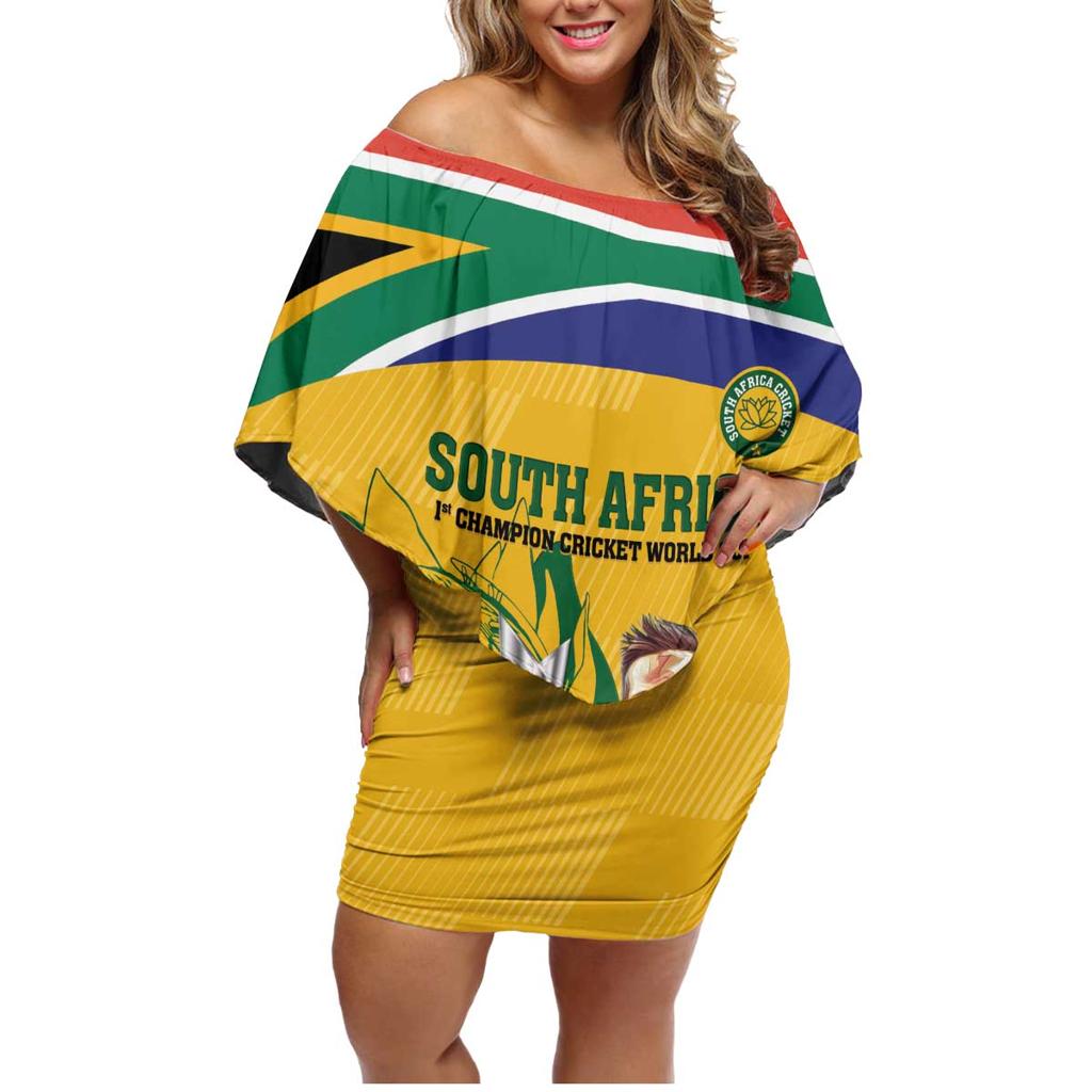 South Africa Cricket Family Matching Off Shoulder Short Dress and Hawaiian Shirt 1st Champions World Cup Proud Of Our Boys