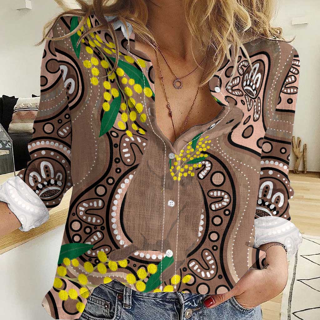 Australia Cute Quokka Women Casual Shirt Indigenous Art With Golden Wattle