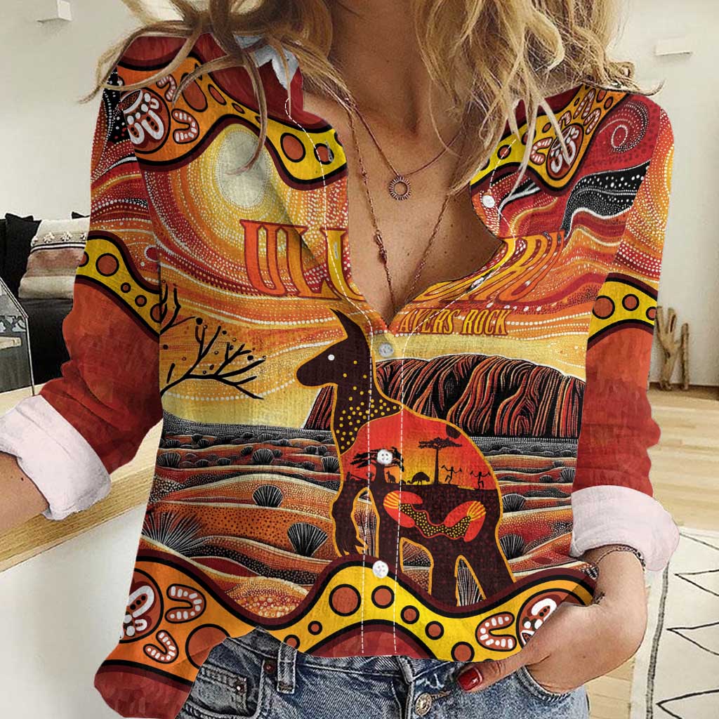 Northern Territory Uluru Women Casual Shirt Ayers Rock Kangaroo Aboriginal Art