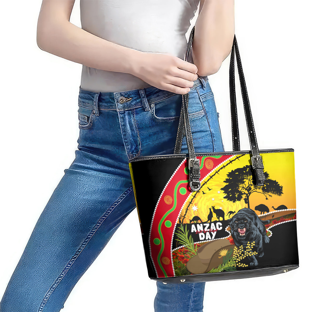 Panthers ANZAC Day Leather Tote Bag Pennies Mascot Rosemary Starring Night Style