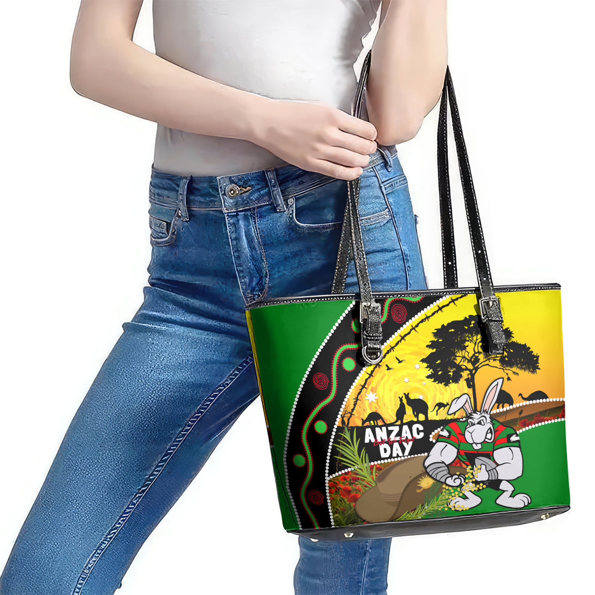 Rabbitohs ANZAC Day Leather Tote Bag Souths Mascot Rosemary Starring Night Style