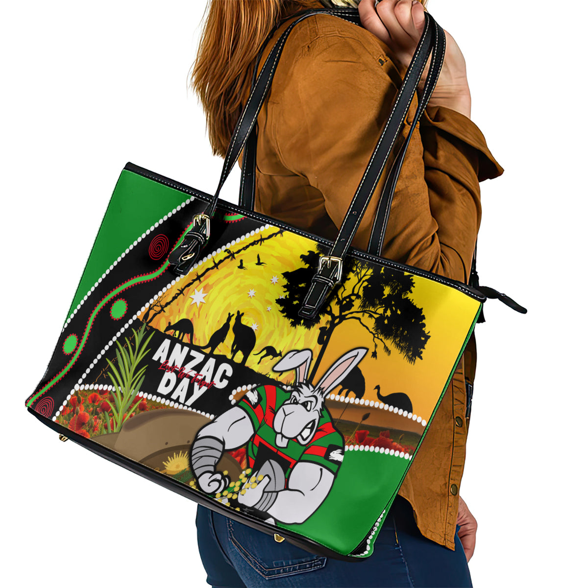 Rabbitohs ANZAC Day Leather Tote Bag Souths Mascot Rosemary Starring Night Style