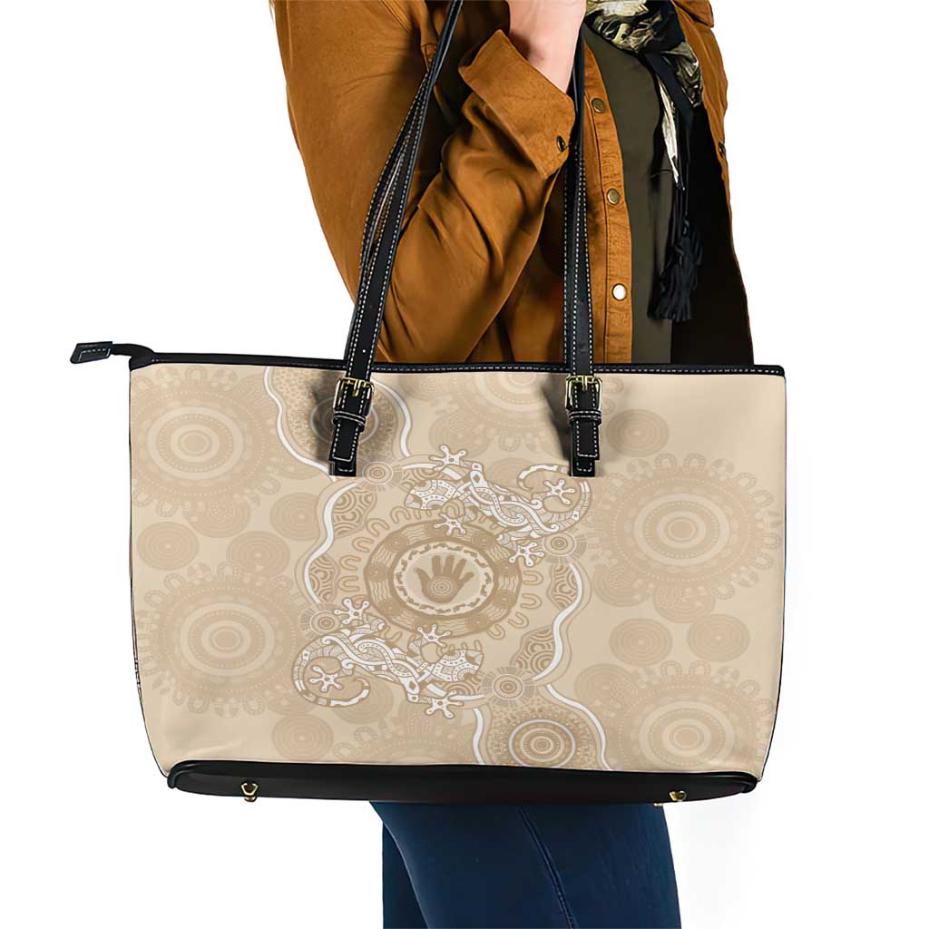 Beige Australia Lizard With Aboriginal Art Leather Tote Bag