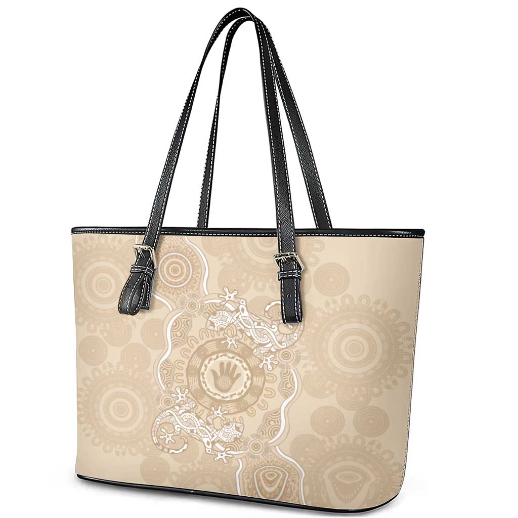 Beige Australia Lizard With Aboriginal Art Leather Tote Bag